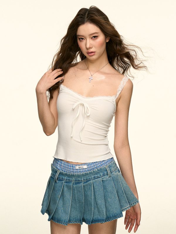 White Lace Bow Tie Camisole for Women - Summer Slim Fit Short Top in Sexy Pure Desire Style