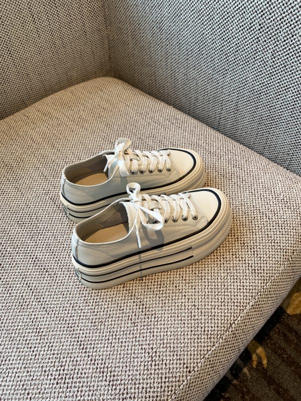 White Lace-Up Genuine Leather Sneakers for Women - Versatile Round Toe Thick Sole Casual Shoes for Spring 2025 Style