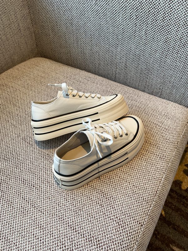 White Lace-Up Genuine Leather Sneakers for Women - Versatile Round Toe Thick Sole Casual Shoes for Spring 2025 Style