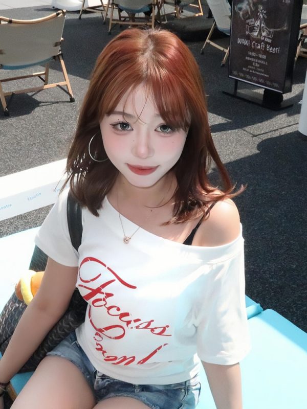 White Off-Shoulder T-Shirt for Women - Summer Letter Print, Slim Fit, Short Sleeve Cropped Top, Sexy Shoulder-Baring Style