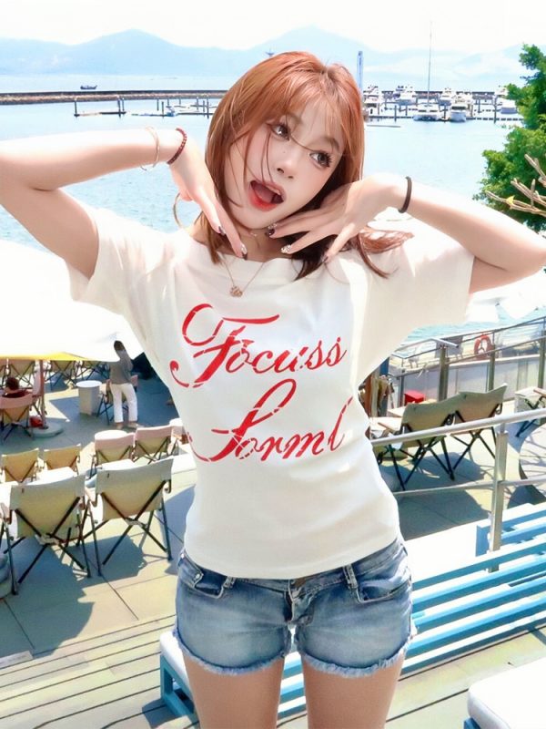 White Off-Shoulder T-Shirt for Women - Summer Letter Print, Slim Fit, Short Sleeve Cropped Top, Sexy Shoulder-Baring Style