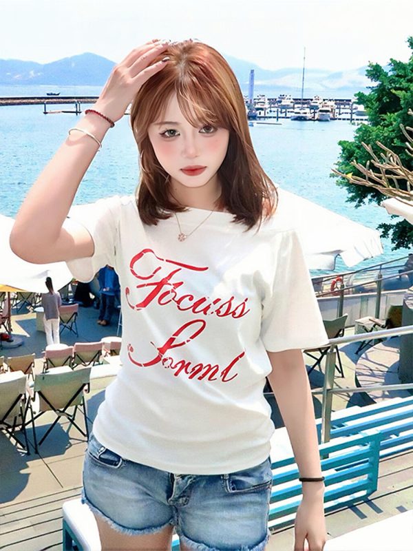 White Off-Shoulder T-Shirt for Women - Summer Letter Print, Slim Fit, Short Sleeve Cropped Top, Sexy Shoulder-Baring Style