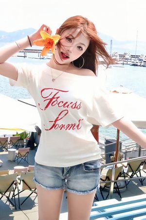 White Off-Shoulder T-Shirt for Women - Summer Letter Print, Slim Fit, Short Sleeve Cropped Top, Sexy Shoulder-Baring Style