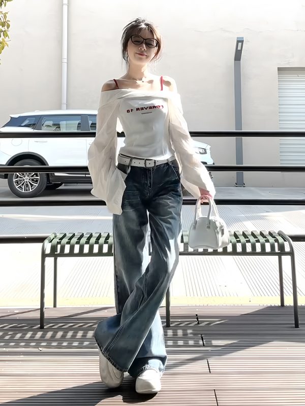 White One-Shoulder Long Sleeve Shirt for Women - Trendy Waist-Cinching Off-Shoulder Top for Spring & Autumn Fashion