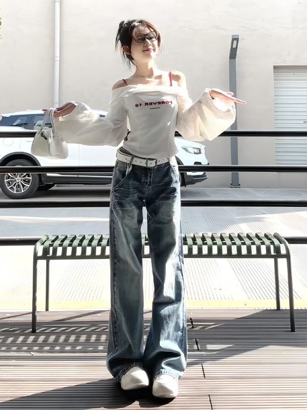 White One-Shoulder Long Sleeve Shirt for Women - Trendy Waist-Cinching Off-Shoulder Top for Spring & Autumn Fashion