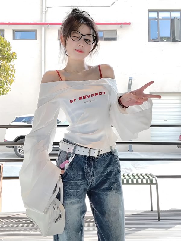 White One-Shoulder Long Sleeve Shirt for Women - Trendy Waist-Cinching Off-Shoulder Top for Spring & Autumn Fashion