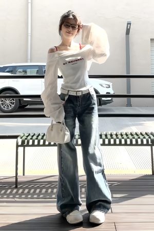 White One-Shoulder Long Sleeve Shirt for Women - Trendy Waist-Cinching Off-Shoulder Top for Spring & Autumn Fashion