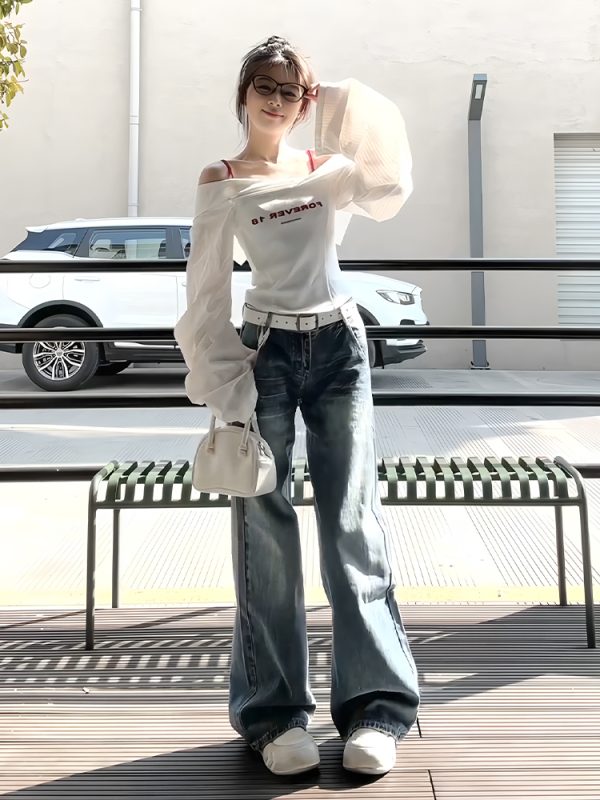 White One-Shoulder Long Sleeve Shirt for Women - Trendy Waist-Cinching Off-Shoulder Top for Spring & Autumn Fashion