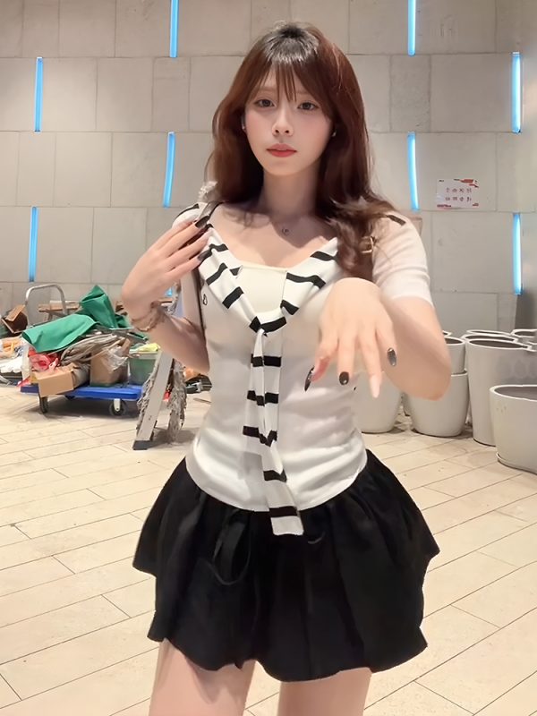 White One-Shoulder Short Sleeve Women's Summer Striped Fitted Slim Sexy Top with Sailor Collar for Y2K and Korean Style Fashion