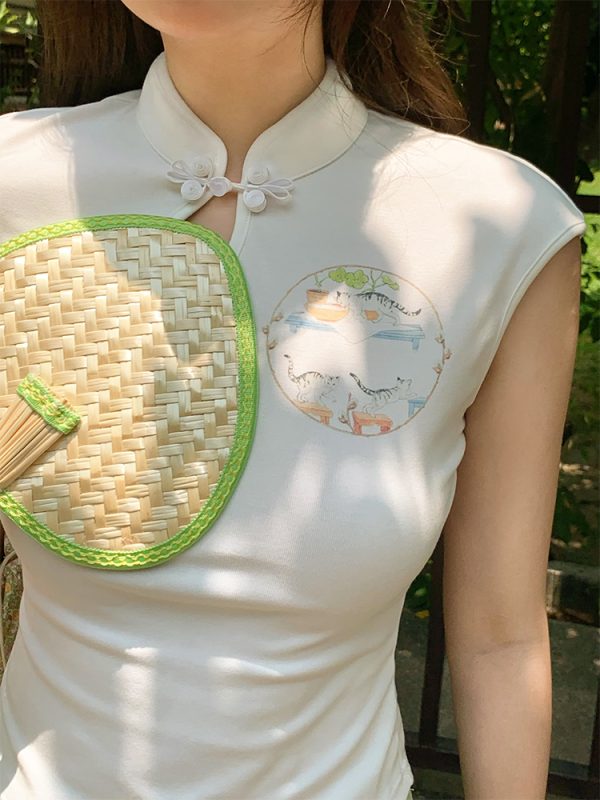 White Panda Print Short Sleeve T-Shirt for Women - Vintage Summer Slim Fit Buttoned Top, Y2K Style
