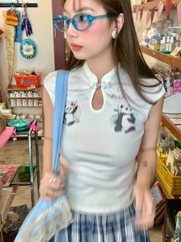 White Panda Print Short Sleeve T-Shirt for Women - Vintage Summer Slim Fit Buttoned Top, Y2K Style