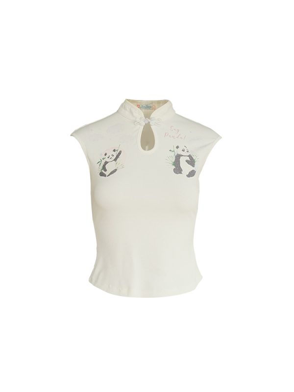 White Panda Print Short Sleeve T-Shirt for Women - Vintage Summer Slim Fit Buttoned Top, Y2K Style