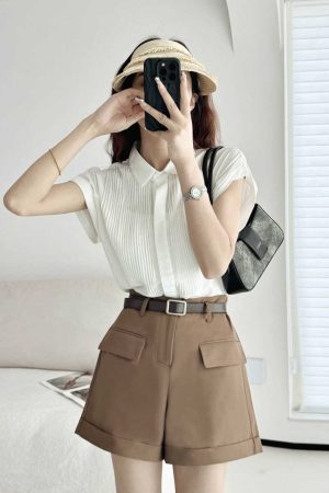 White Pleated Short-Sleeve Shirt for Women - Loose Fit, Single-Breasted, Skin-Friendly, Slimming Summer Casual Top
