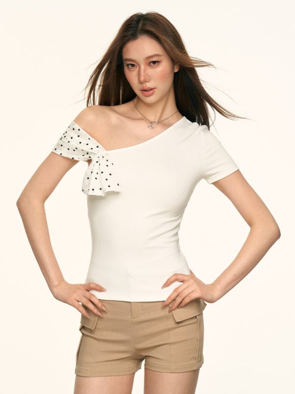 White Polka Dot Spliced Asymmetrical Shoulder T-Shirt for Women - Casual Off-Shoulder Short Sleeve Top, Summer Basic Style