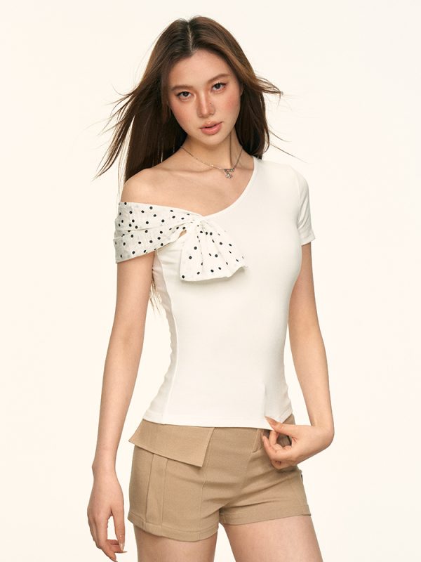 White Polka Dot Spliced Asymmetrical Shoulder T-Shirt for Women - Casual Off-Shoulder Short Sleeve Top, Summer Basic Style