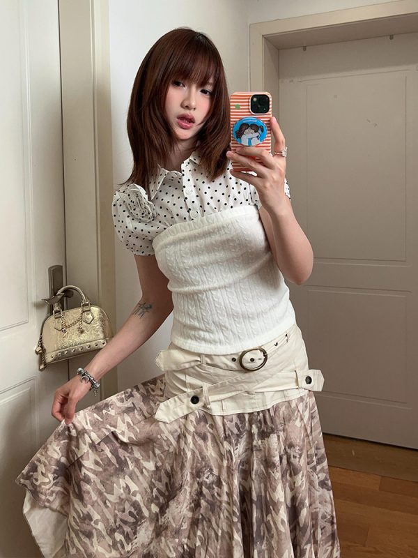 White Polka Dot Strapless Puff Sleeve Top for Women - Summer Spliced Faux Two-Piece Knitted Shirt with Unique Design