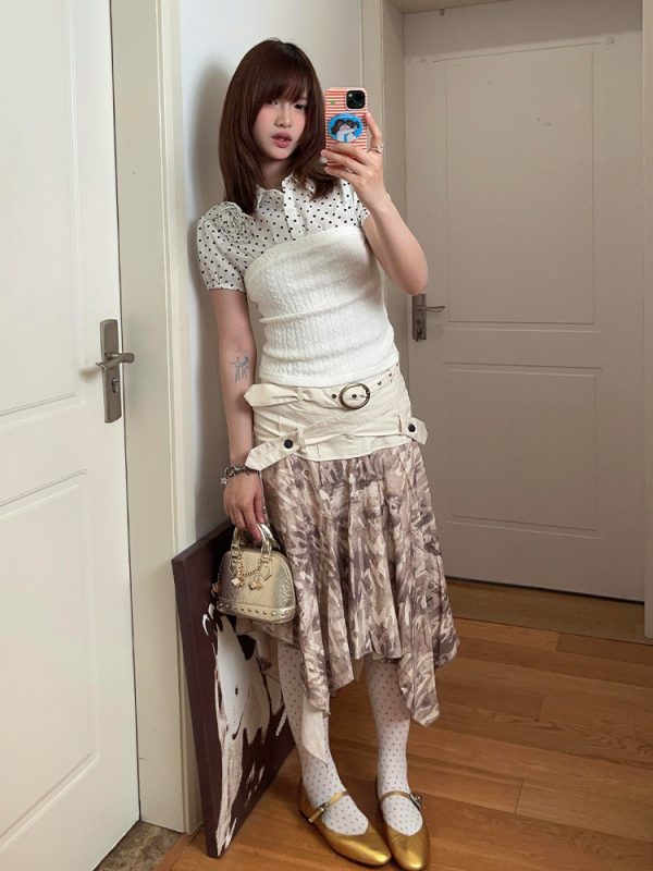 White Polka Dot Strapless Puff Sleeve Top for Women - Summer Spliced Faux Two-Piece Knitted Shirt with Unique Design