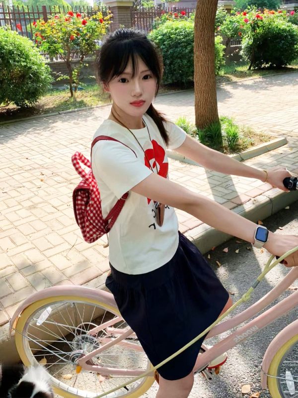 White Round Neck Short-Sleeve T-Shirt for Women with Red Floral Letter Print, Casual Slim Fit Summer Top, Y2K INS Style