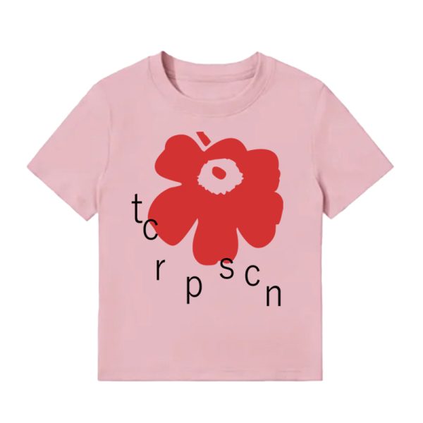 White Round Neck Short-Sleeve T-Shirt for Women with Red Floral Letter Print, Casual Slim Fit Summer Top, Y2K INS Style