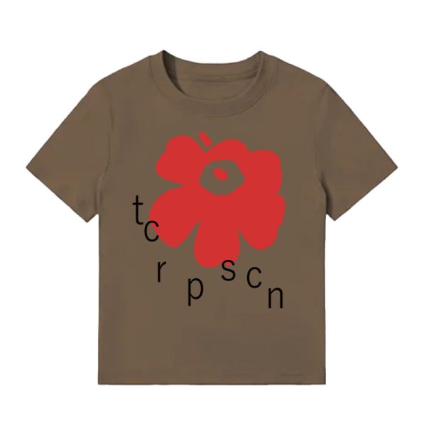 White Round Neck Short-Sleeve T-Shirt for Women with Red Floral Letter Print, Casual Slim Fit Summer Top, Y2K INS Style