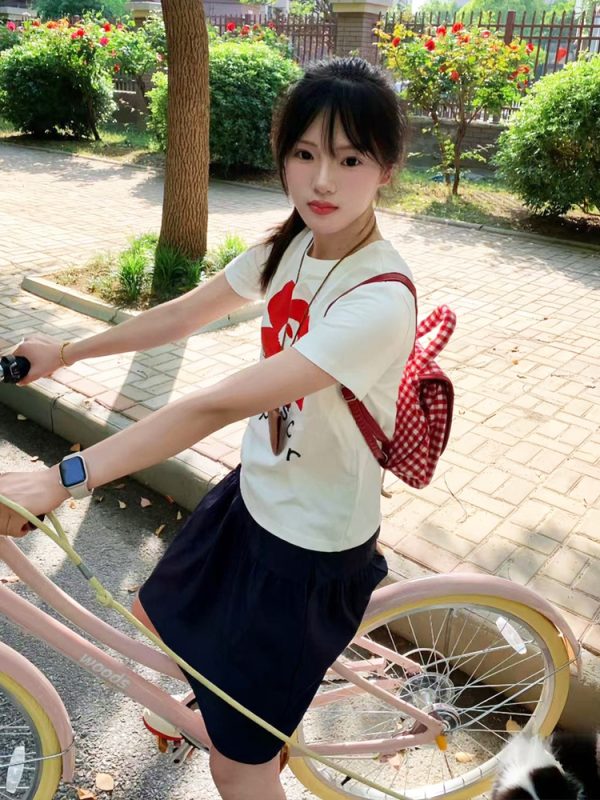 White Round Neck Short-Sleeve T-Shirt for Women with Red Floral Letter Print, Casual Slim Fit Summer Top, Y2K INS Style
