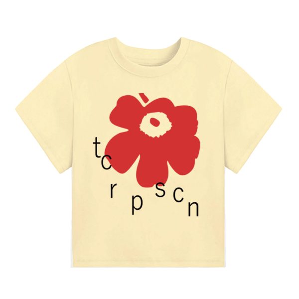 White Round Neck Short-Sleeve T-Shirt for Women with Red Floral Letter Print, Casual Slim Fit Summer Top, Y2K INS Style
