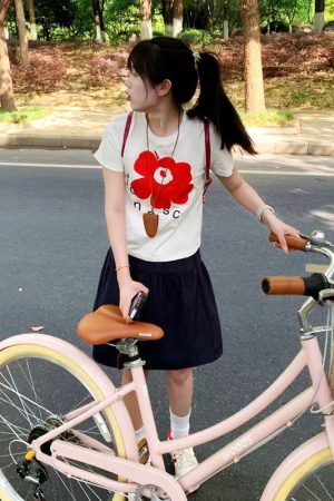 White Round Neck Short-Sleeve T-Shirt for Women with Red Floral Letter Print, Casual Slim Fit Summer Top, Y2K INS Style