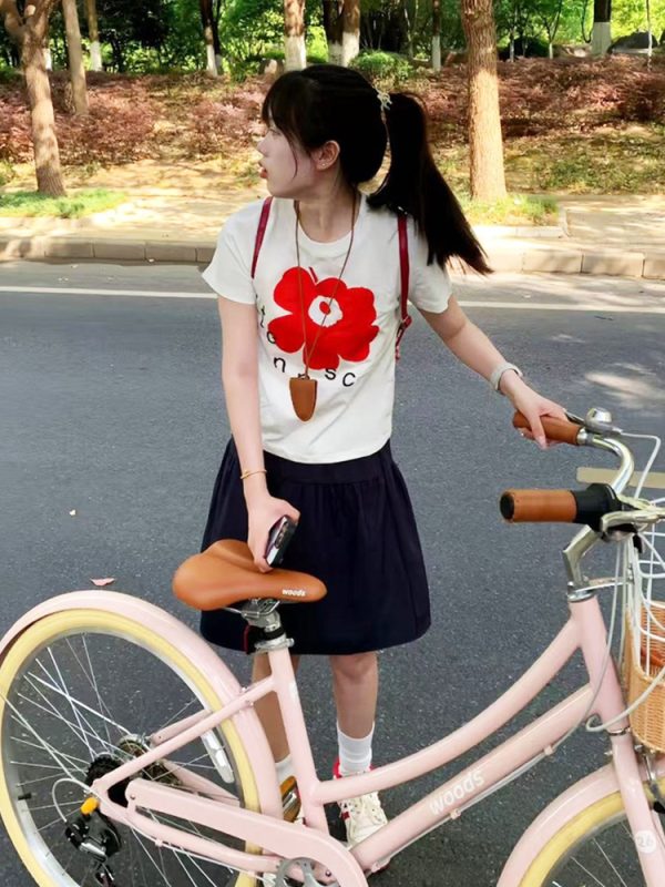 White Round Neck Short-Sleeve T-Shirt for Women with Red Floral Letter Print, Casual Slim Fit Summer Top, Y2K INS Style