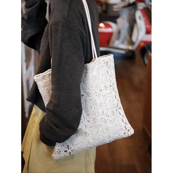White Sequined Lace Handbag with Hollow Design - Large Capacity Commuter Tote & Shoulder Bag for Chic Everyday Style