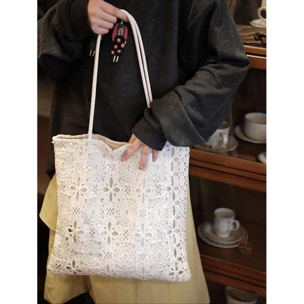 White Sequined Lace Handbag with Hollow Design - Large Capacity Commuter Tote & Shoulder Bag for Chic Everyday Style