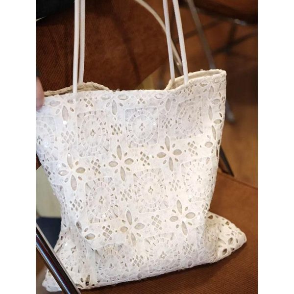 White Sequined Lace Handbag with Hollow Design - Large Capacity Commuter Tote & Shoulder Bag for Chic Everyday Style