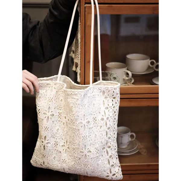 White Sequined Lace Handbag with Hollow Design - Large Capacity Commuter Tote & Shoulder Bag for Chic Everyday Style