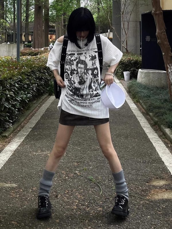 White Short Sleeve T-Shirt for Women - Summer Punk Print, Loose Off-Shoulder Top, Y2K Fashion, Subculture Style