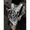 White Short Sleeve T-Shirt for Women - Summer Punk Print, Loose Off-Shoulder Top, Y2K Fashion, Subculture Style