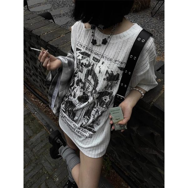White Short Sleeve T-Shirt for Women - Summer Punk Print, Loose Off-Shoulder Top, Y2K Fashion, Subculture Style