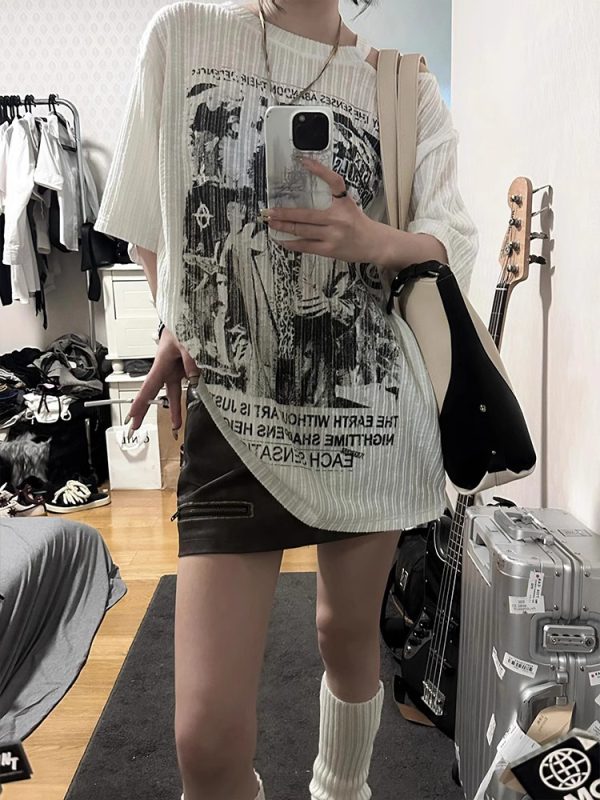 White Short Sleeve T-Shirt for Women - Summer Punk Print, Loose Off-Shoulder Top, Y2K Fashion, Subculture Style