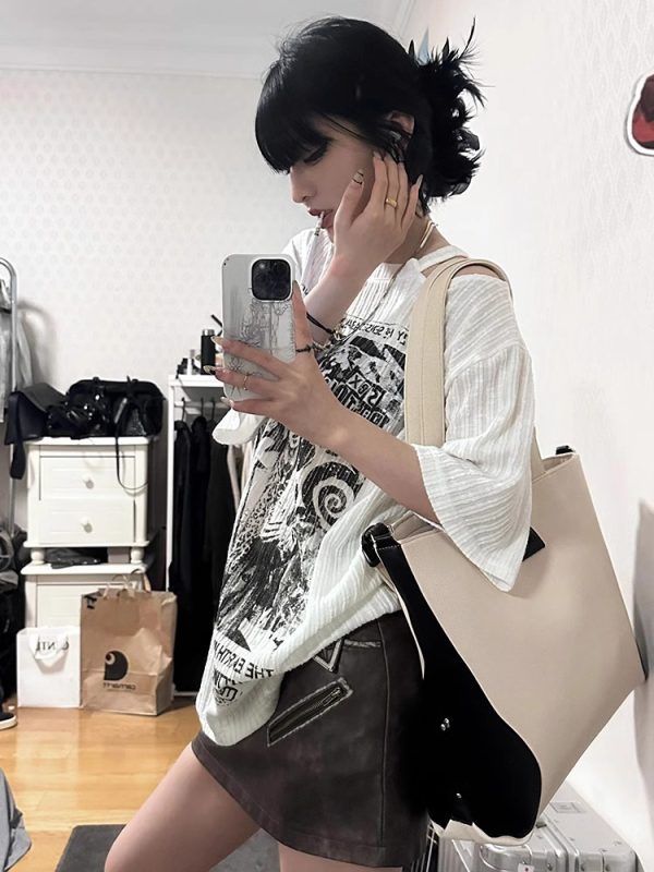 White Short Sleeve T-Shirt for Women - Summer Punk Print, Loose Off-Shoulder Top, Y2K Fashion, Subculture Style