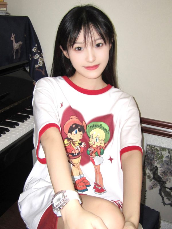 White Short Sleeve Women's Japanese-Style Color-Block Cartoon Print Heavyweight T-Shirt - Summer Half-Sleeve Couple Top