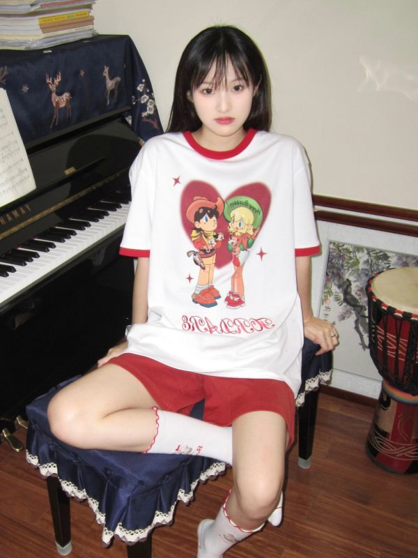 White Short Sleeve Women's Japanese-Style Color-Block Cartoon Print Heavyweight T-Shirt - Summer Half-Sleeve Couple Top