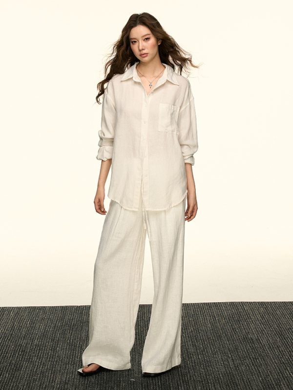 White Sun-Protective Linen Long Sleeve Shirt and Relaxed Ramie Pants Set for Women - Chic Summer Outfit