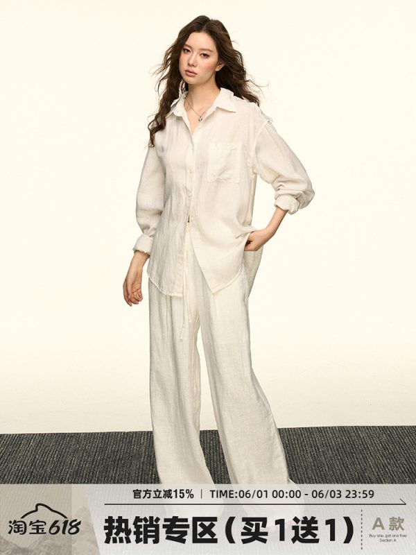 White Sun-Protective Linen Long Sleeve Shirt and Relaxed Ramie Pants Set for Women - Chic Summer Outfit