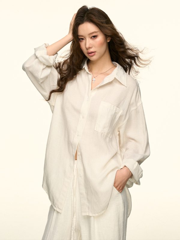 White Sun-Protective Linen Long Sleeve Shirt and Relaxed Ramie Pants Set for Women - Chic Summer Outfit
