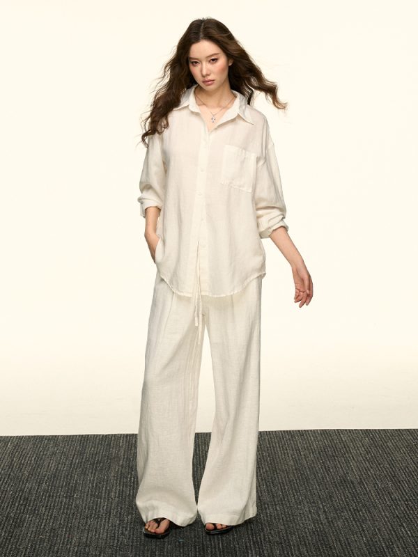 White Sun-Protective Linen Long Sleeve Shirt and Relaxed Ramie Pants Set for Women - Chic Summer Outfit