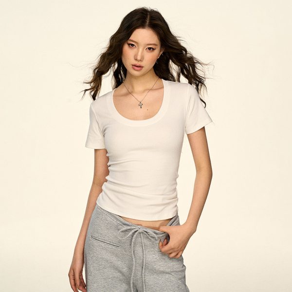 White U-Neck Ruffle Short Sleeve T-Shirt for Women, Slim Fit Summer Top, Trendy Shoulder Design, Perfect for Hot Girls and 90s Style
