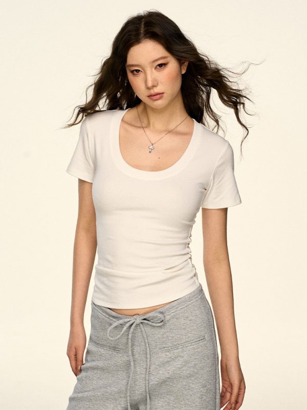 White U-Neck Ruffle Short Sleeve T-Shirt for Women, Slim Fit Summer Top, Trendy Shoulder Design, Perfect for Hot Girls and 90s Style