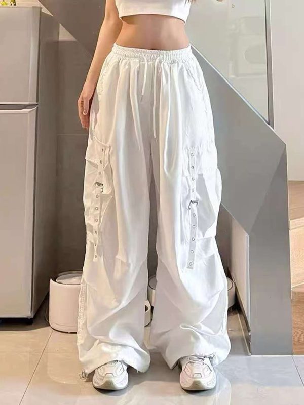 White Wide-Leg Work Pants for Women - Casual Hip-Hop Street Dance Style, Loose Fit, Floor-Length Sports Trousers