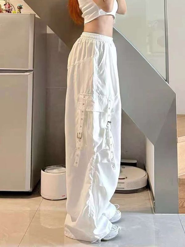 White Wide-Leg Work Pants for Women - Casual Hip-Hop Street Dance Style, Loose Fit, Floor-Length Sports Trousers
