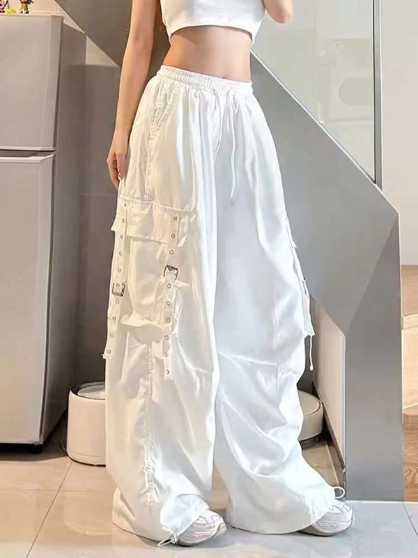 White Wide-Leg Work Pants for Women - Casual Hip-Hop Street Dance Style, Loose Fit, Floor-Length Sports Trousers