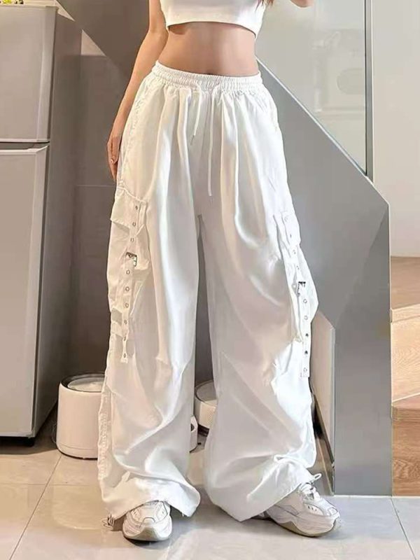 White Wide-Leg Work Pants for Women - Casual Hip-Hop Street Dance Style, Loose Fit, Floor-Length Sports Trousers