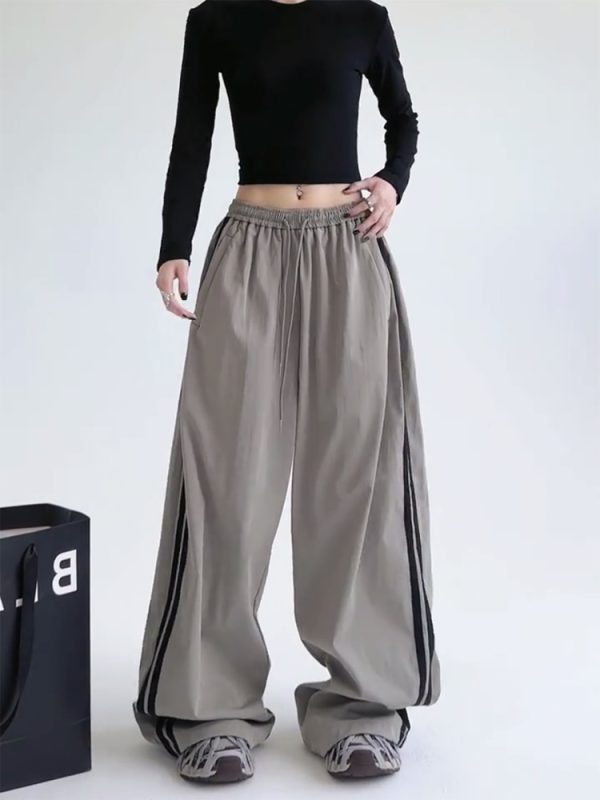 Wide-Leg Cargo Pants for Women - American Style Side Stripe, 2025 Trendy Loose Sports Trousers, Casual Floor-Length Fashion